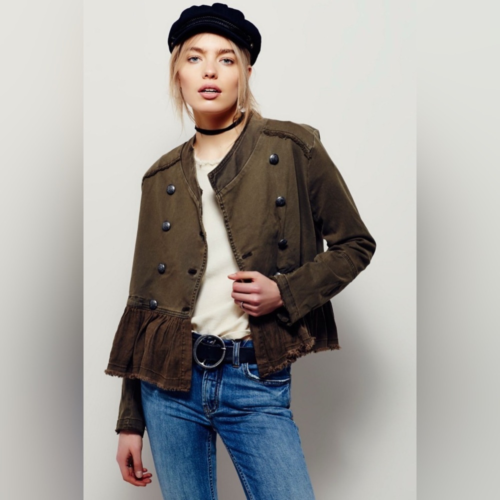 New Free People Flared Ruffle Hem Military Button Jacket Olive Army Green - Picture 5 of 13